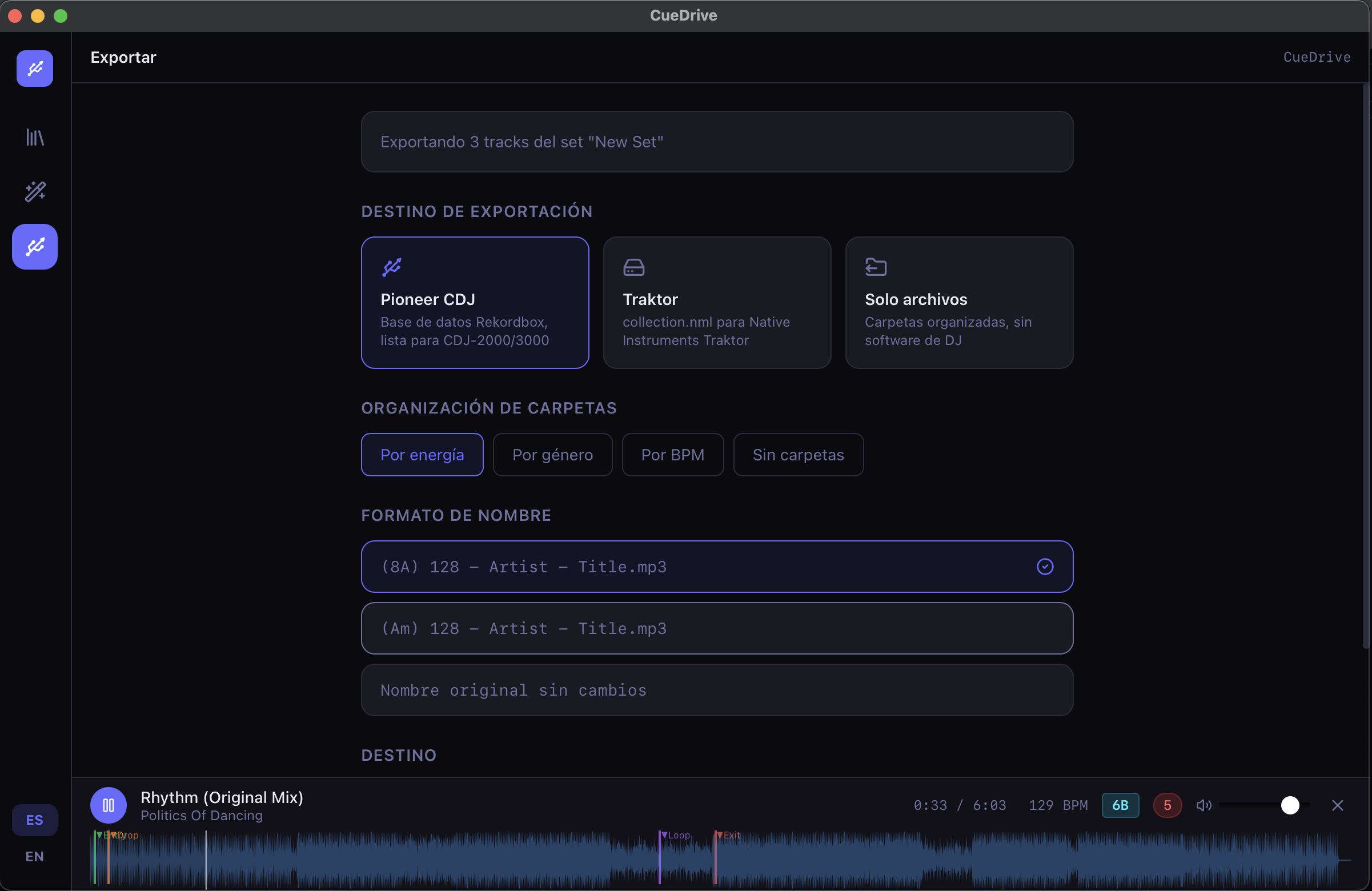 CueDrive Export — Pioneer CDJ, Traktor and Files options
