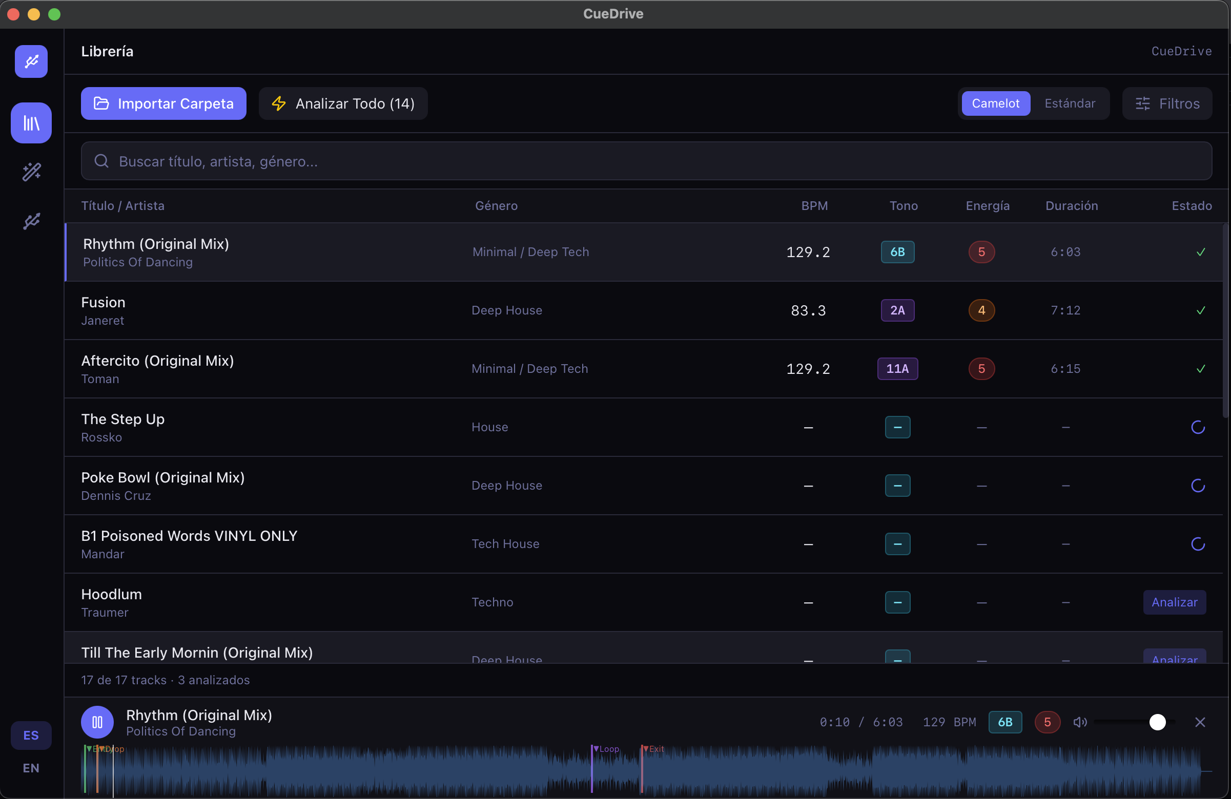 CueDrive Library view — tracks with BPM, key and energy badges