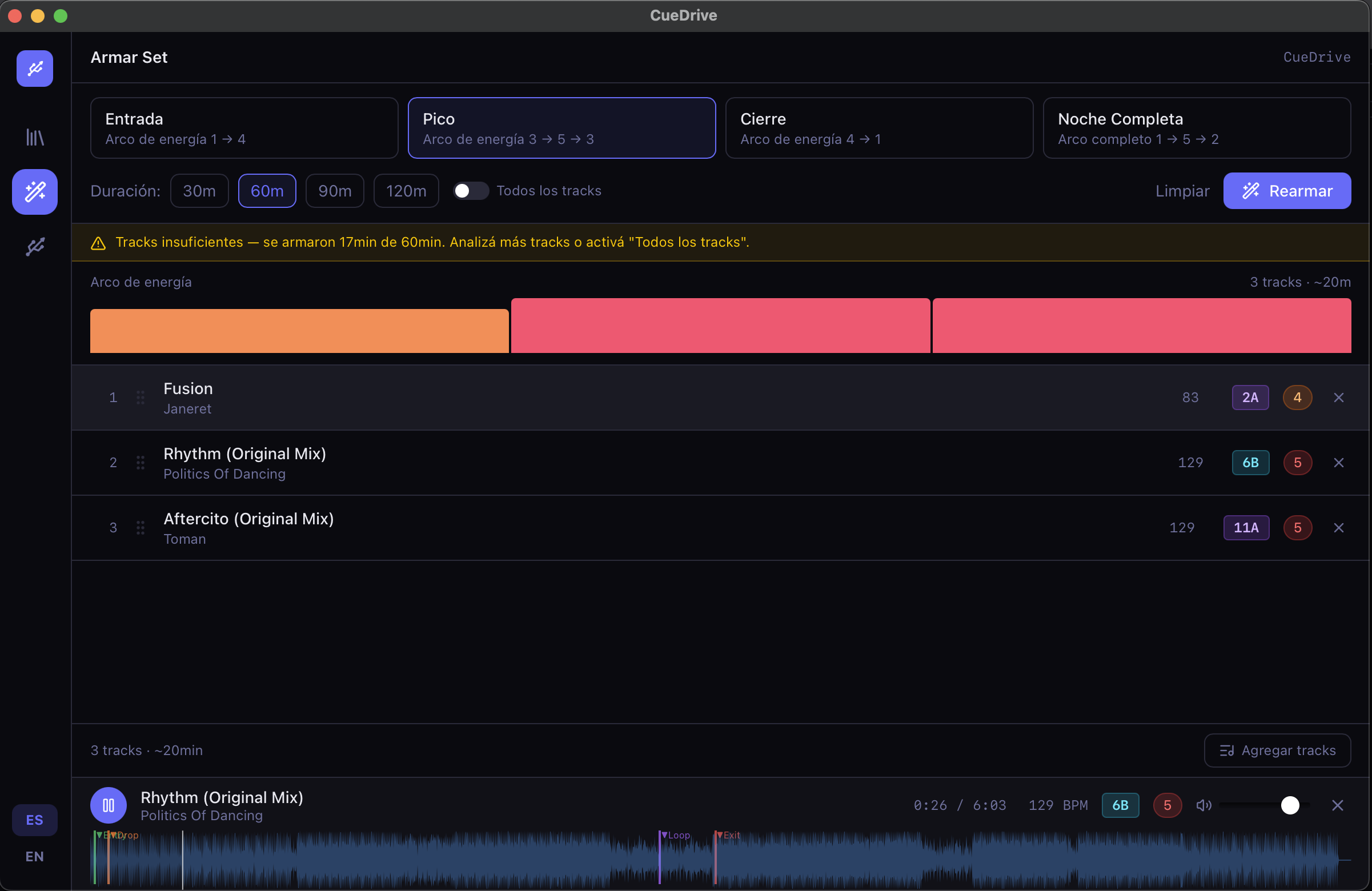 CueDrive Set Builder — energy arc bars and track list